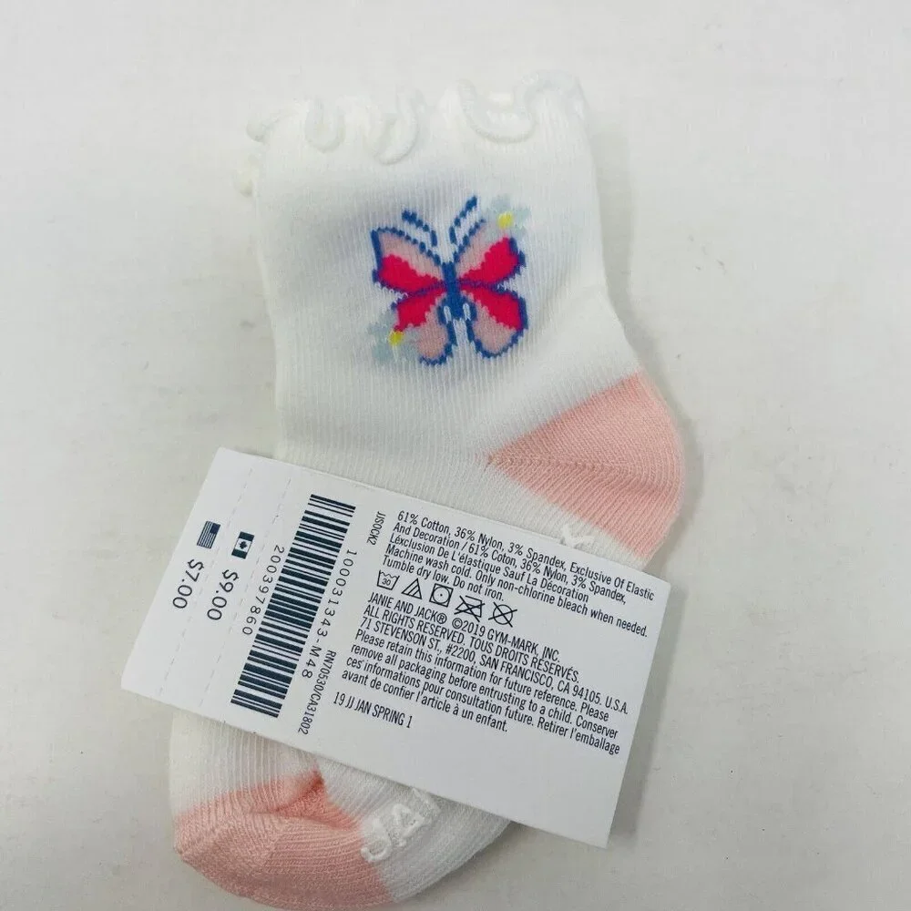 Janie and Jack Baby Girls 3-6 Months Butterfly Ruffle Ankle Socks in White/Pink